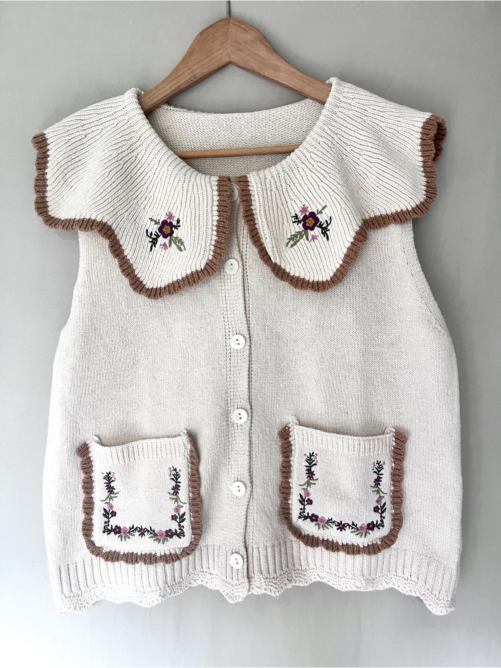 Cottagecore Embroidered Cotton Sweater Vest Floral Oversized Collar - Picture 2 of 7